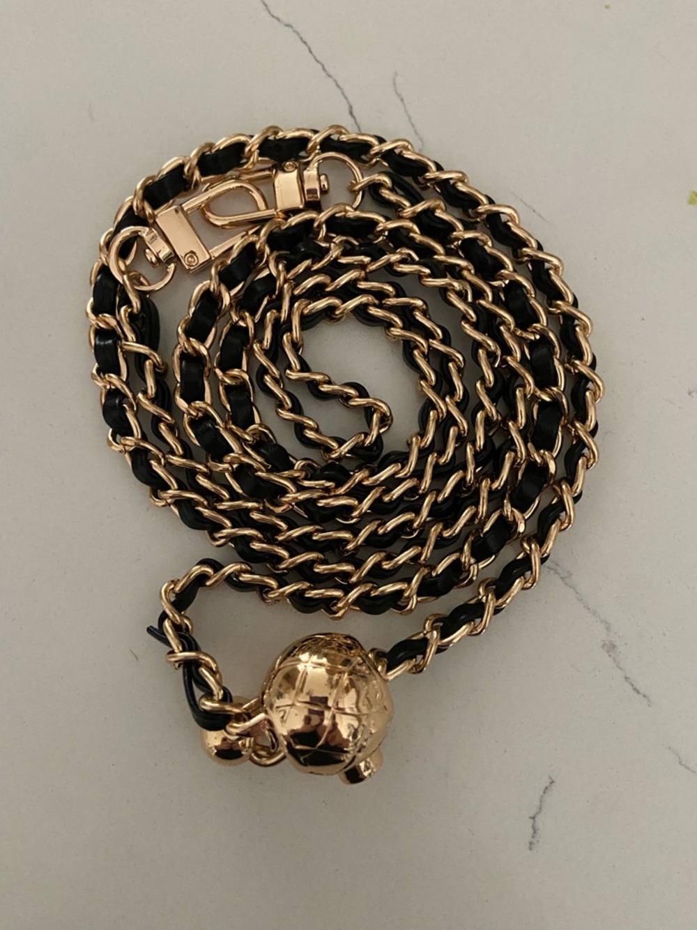 Adjustable Gold Chain Bag Strap with Black Leather Weave